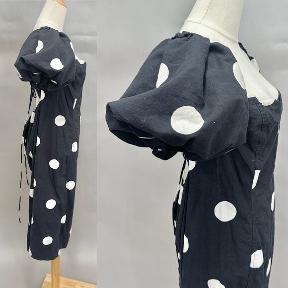 H&M Black Polka Dot Midi Dress Puff Sleeve Sweetheart Neckline Size XL - Picture 3 of 16